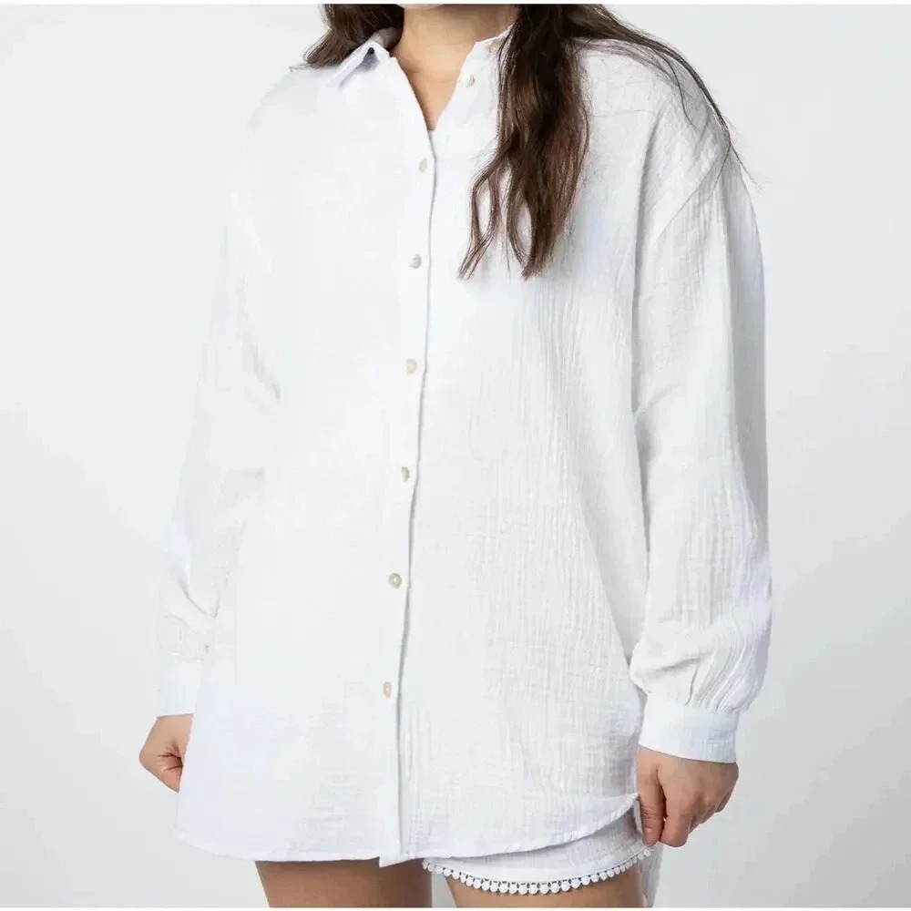 Sublevel Button Down Shirt Womens S White Excellent‎ Textured Gauze Long Sleeve